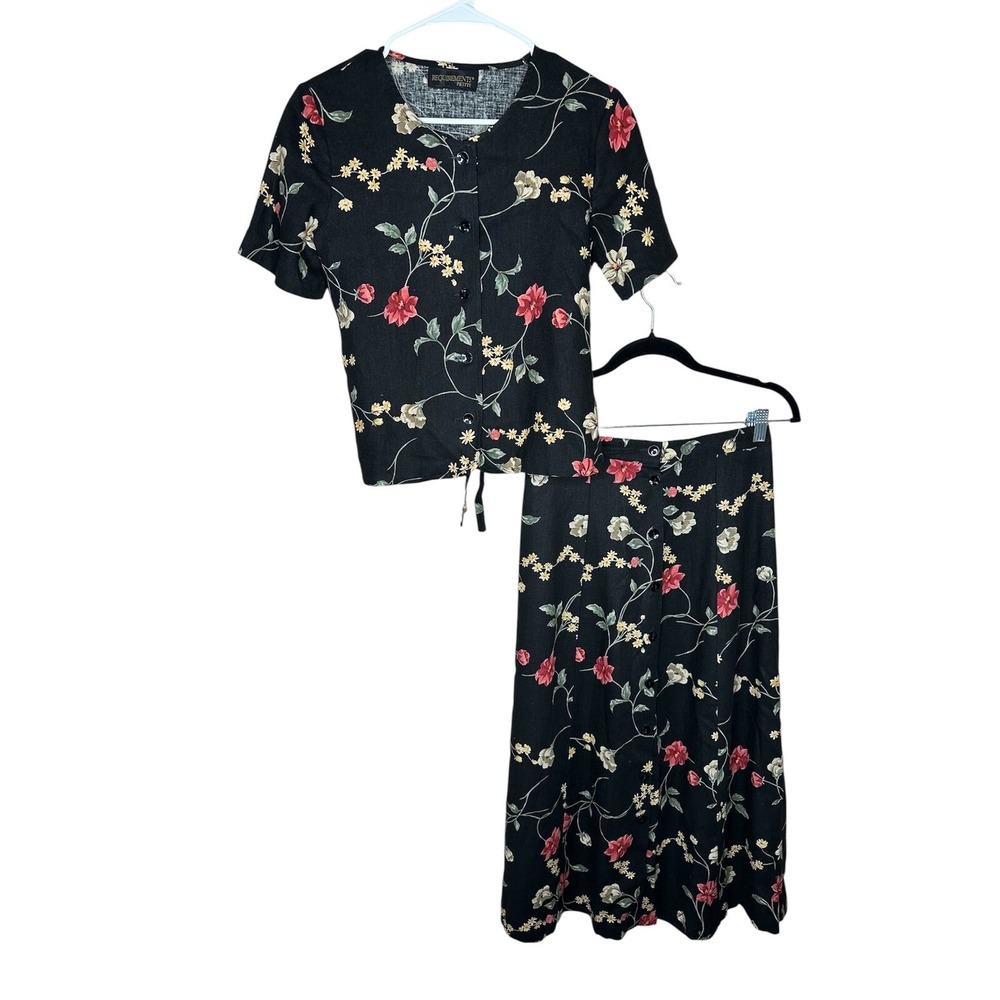 Requirements Petite VTG Linen Blend Floral Button Front Skirt Set PM Cottagecore